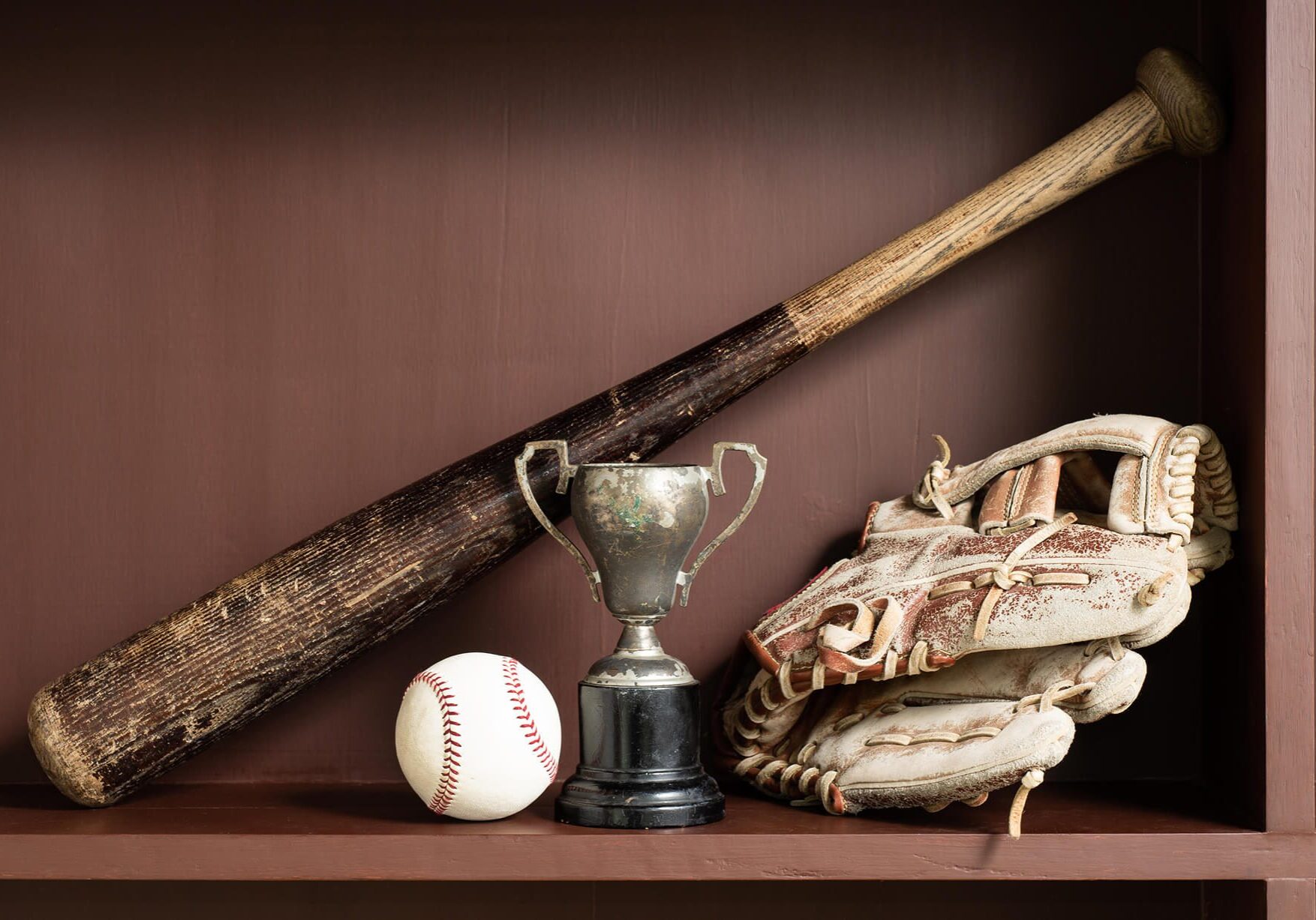 Baseball bat, ball, glove, and trophy displayed.
